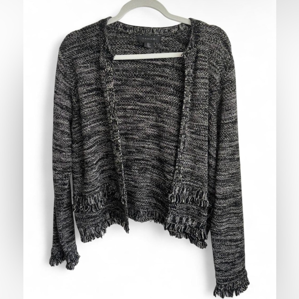 Tahari Gray Fringe Cardigan Sweater